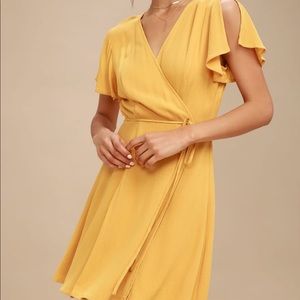 Lulus Mustard Yellow Wrap Mini Dress